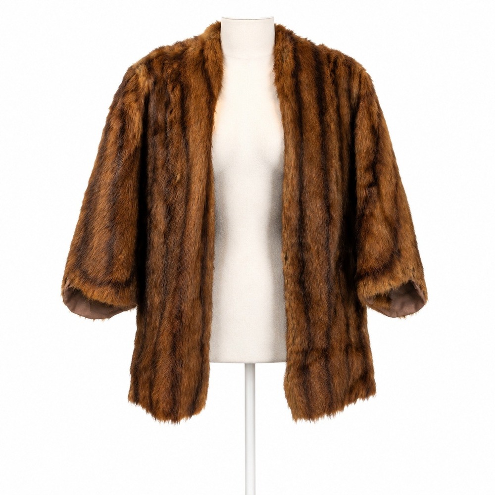 Vintage 60s Rabbit Fur Stole Wrap Size S Brown Shawl Striped Old Money Luxury